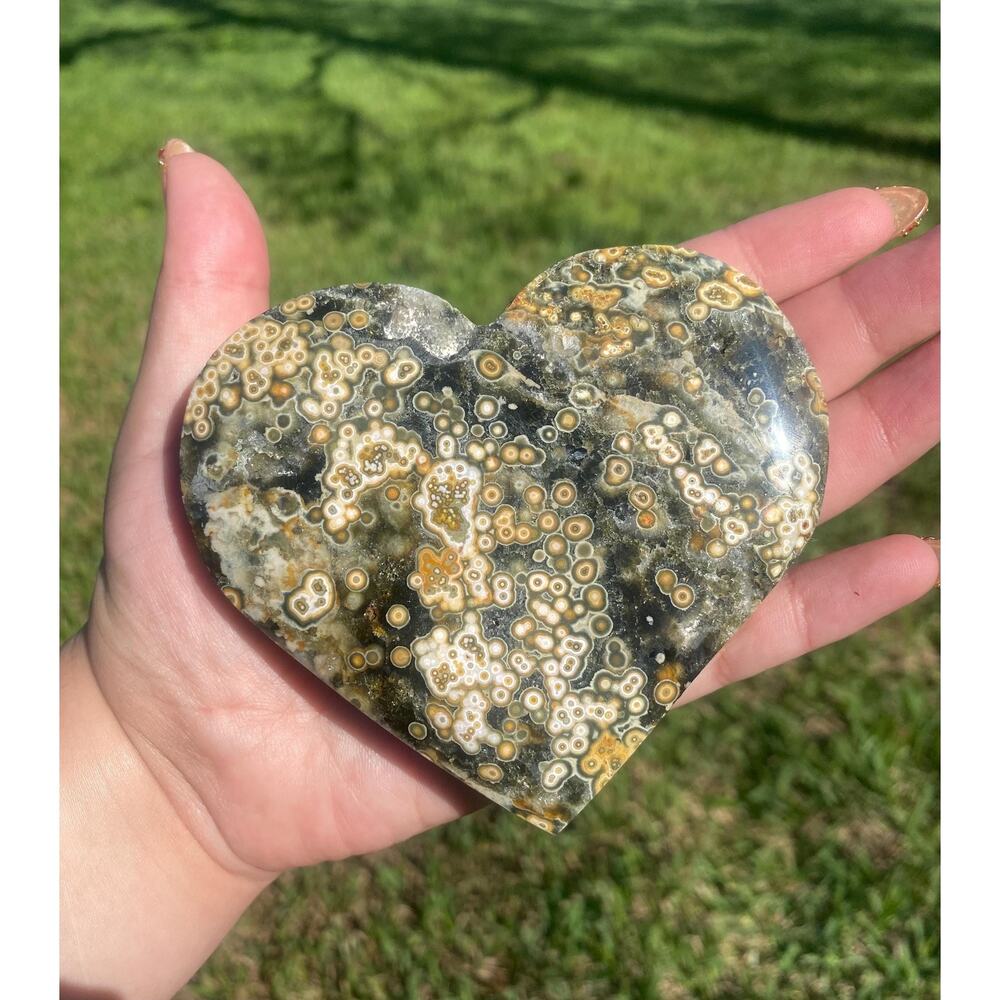 8th Vein Ocean Jasper Heart Carving , Large 300 g , Unique Orbicular Sea Jasper
